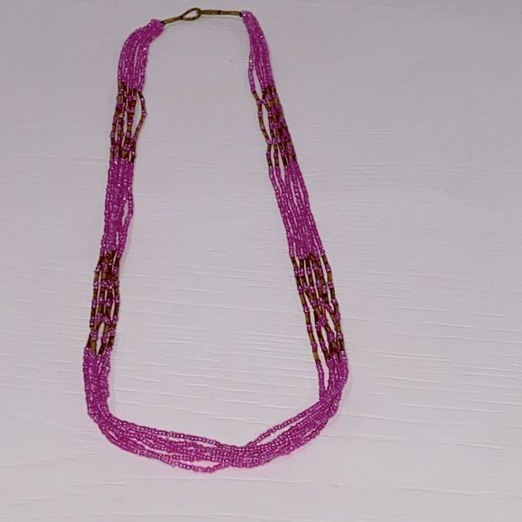 Vintage Pink and Gold Beaded Necklace 15" Hang Length 6 Strand - Picture 2 of 6